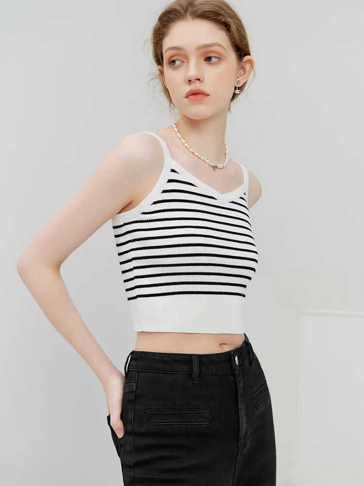 FSLE American Retro Style Striped Camisole for Women 2023 New Autumn Short Slim Casual Sleeveless Knitted Top Tank Female