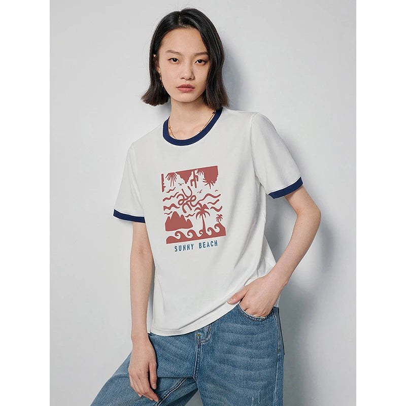 TOYOUTH Women T-shirt 2024 Summer New Antibacterial Cotton Surf Printed Contrast  Color Short Sleeve Casual Tops