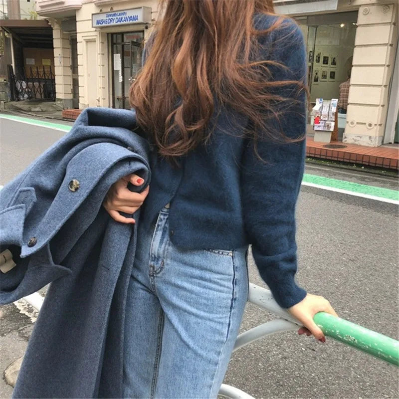 100% pure cashmere cardigan women's new autumn and winter round neck sweater loose Korean knitted sweater short coat