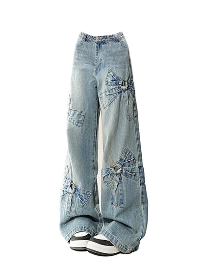 Women Blue Bow Jeans Harajuku Y2k Japanese 2000s Style Aesthetic Baggy Denim Trousers Oversize Jean Pants Vintage Trashy Clothes