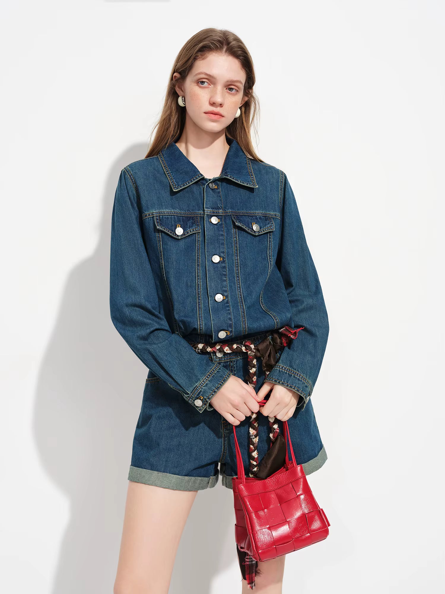 2026 Spring Women's Retro Turn-Down Collar Denim Jumpsuit - Classic Commute Style Wide Leg Overall for Office Daily Wear