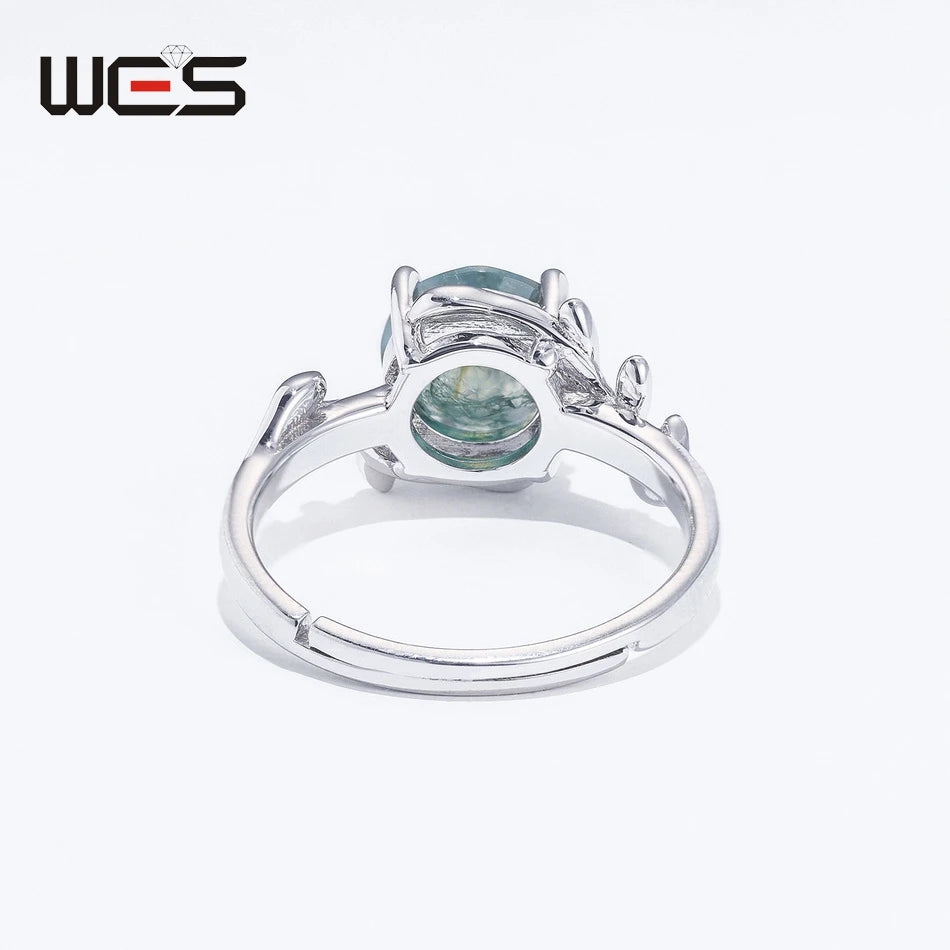 WES 100% 925 Sterling Silver Natural Stone Adjustable 8*8mm Olive Branch Moss Agate Rings For Woman Certified Wedding Jewelry