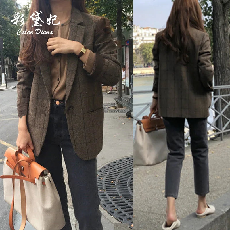 Spring Autumn Summer Plaid Blazer Women Jacket New Korean Style Slim Long Sleeve Casual Fashion Business Suit Coats Woman