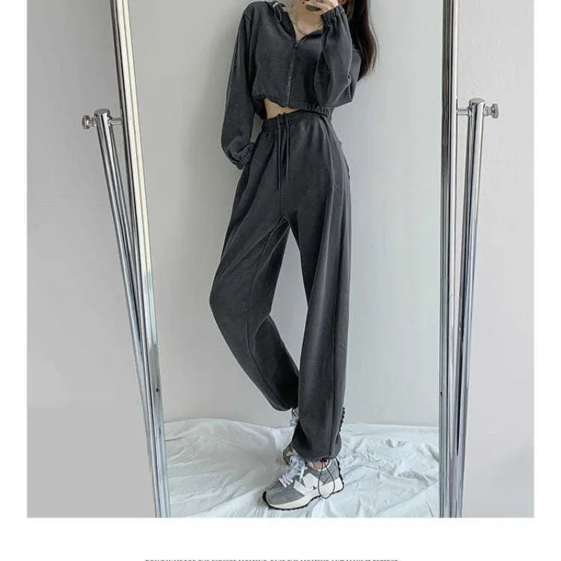 Women's 2024 Spring Autumn Korean Loose Solid Color Panel Pocket Printed Casual Sports Elasticized High-waisted Straight Pants