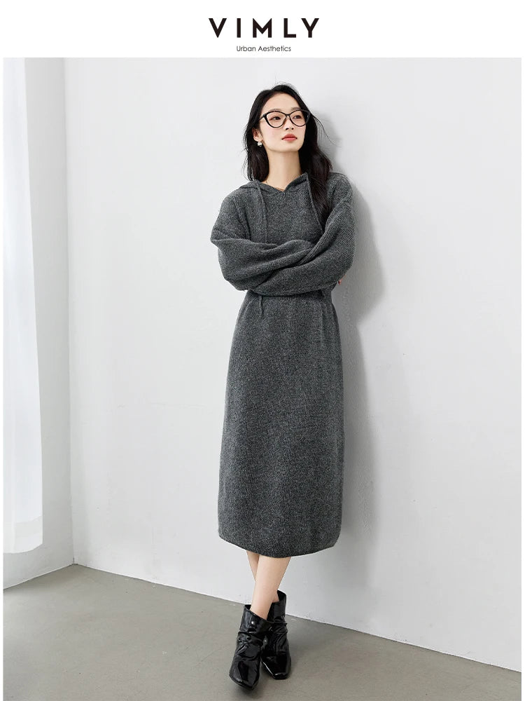 VIMLY Women's Office Lady Dresses Autumn Winter Hooded knit Sweaters Dress Long Sleeved Casual Loose Elegant Casual Vestidos