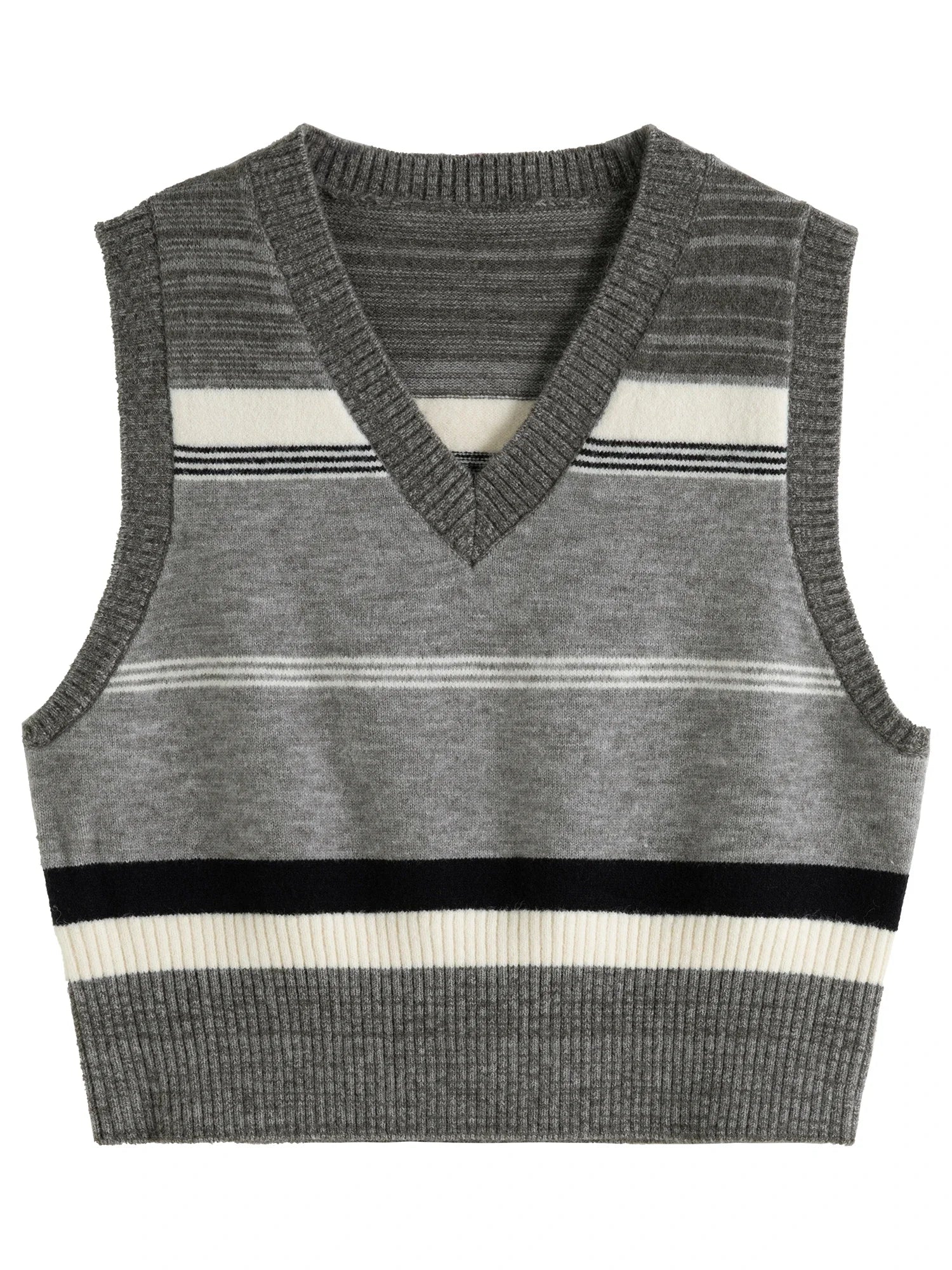 DUSHU Women Knitted Vests V-Neck Commuter Short Female Vest Stripe Grey 2024 Winter New Sleeveless Knit Tops 24DS84112