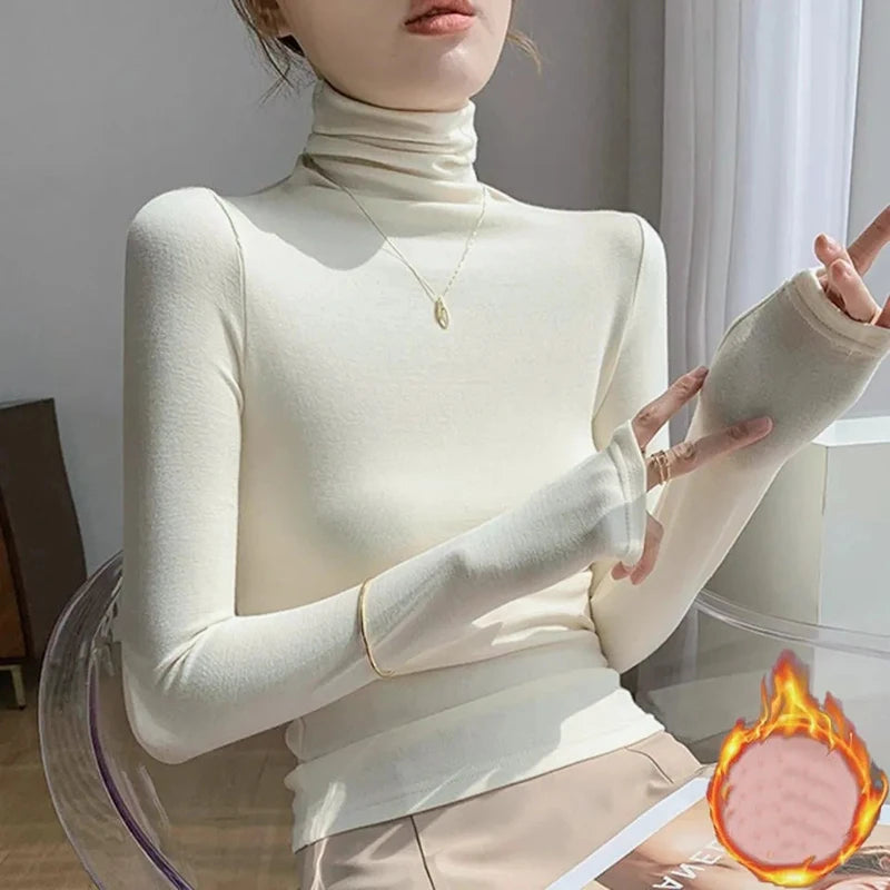 Turtleneck Undershirt Women Thin Velvet Milky White Slim Long Sleeve Pullover Korean Fashion Simple Casual Autumn Elegant Tops