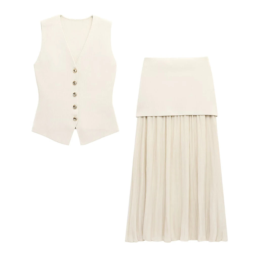 Women's Elegant Button-Down Vest & Pleated Maxi Skirt Set