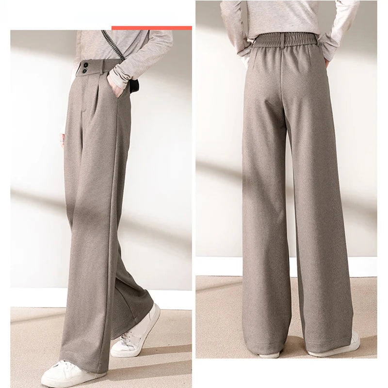 2024 Autumn Winter Women Concise Woolen Pants Lady Wide Leg Designer Outside Trousers Female Thicken High Waisted Draping Pants