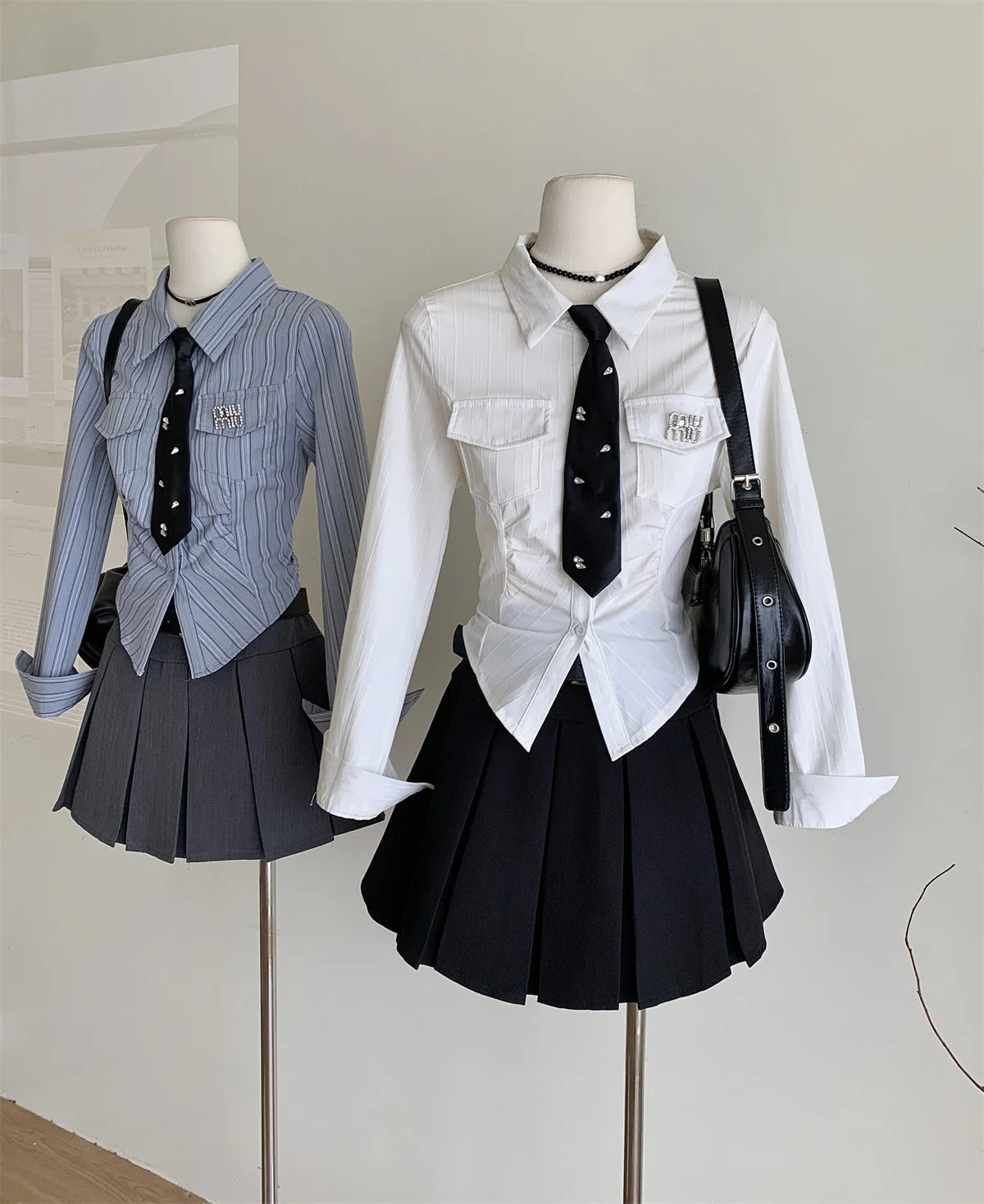 Women JK Preppy Y2k Gyaru Kpop 2000s Outfits 2 Piece Set Long Sleeve Shirts With Tie Crop Tops + Mini Pleated Skirts With Belt