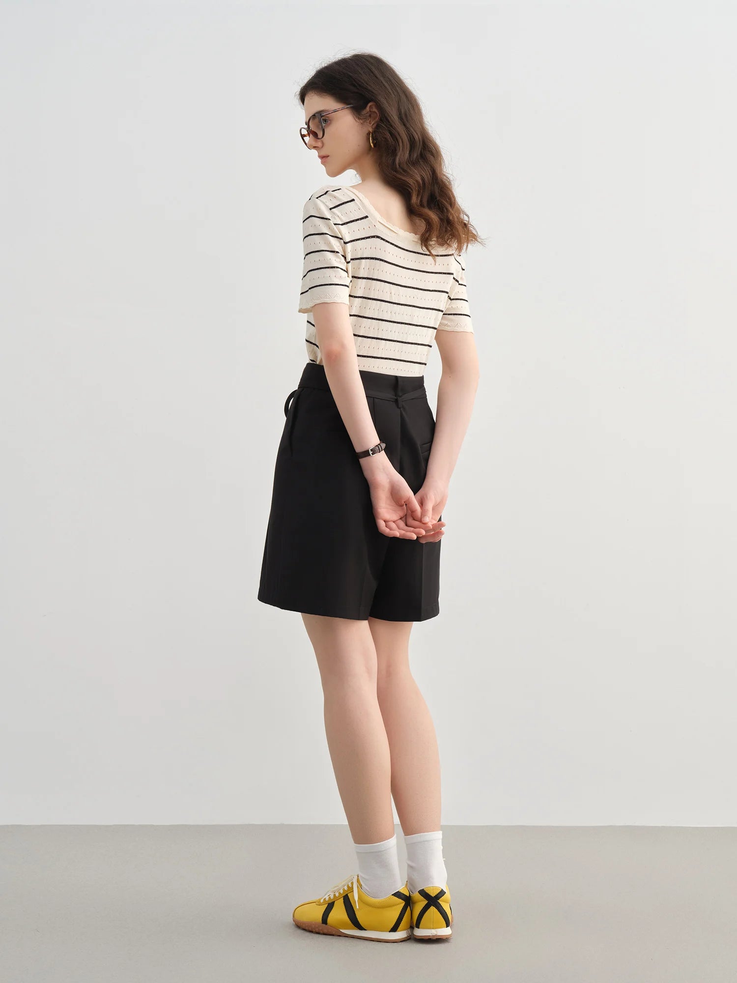 DUSHU Plus-Size Women T-Shirt - Elegant Simple Striped Cut-Out Knit 2025 Summer Collection Nautical Style Pullover
