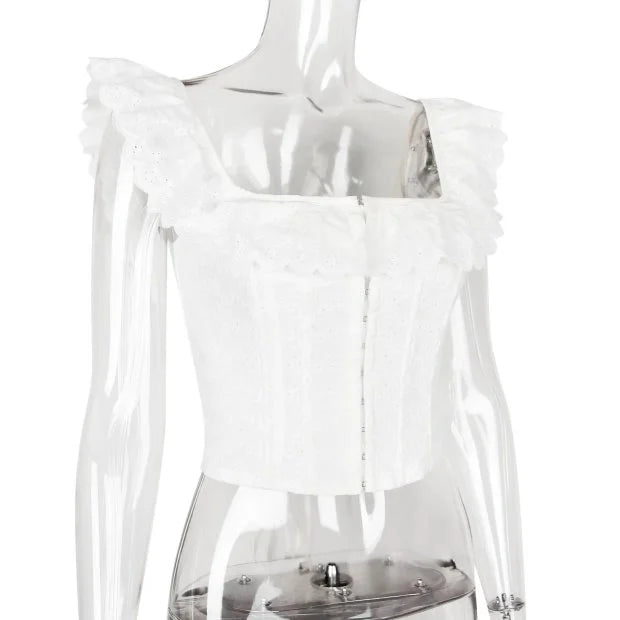 Romantic White Ruffled Square Neck Corset Top