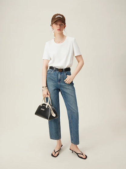 FSLE 100% Cotton Casual All-Match Women Cropped Jeans Spring New High Waist Straight Leg Denim Blue Pants 24FS11298