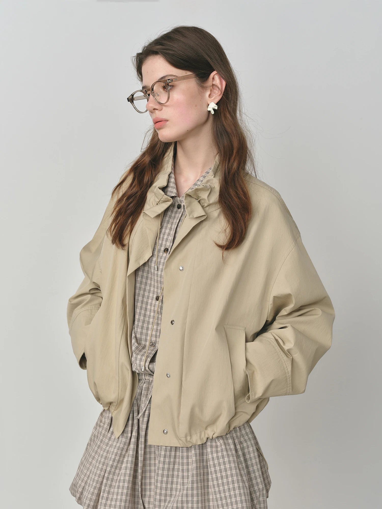 FSLE 2025 Women's Vintage Utility Jacket - Puff Sleeve Drawstring Short Crop Autumn Casual Coat with Barn Style