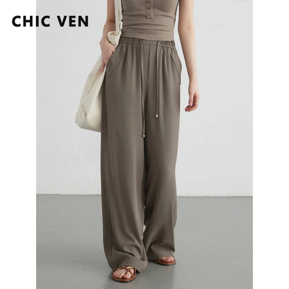 CHIC VEN Women Pants Loose New Elastic High Waisted Wide Leg Pant  Cool Casual Female Trousers Summer 2024