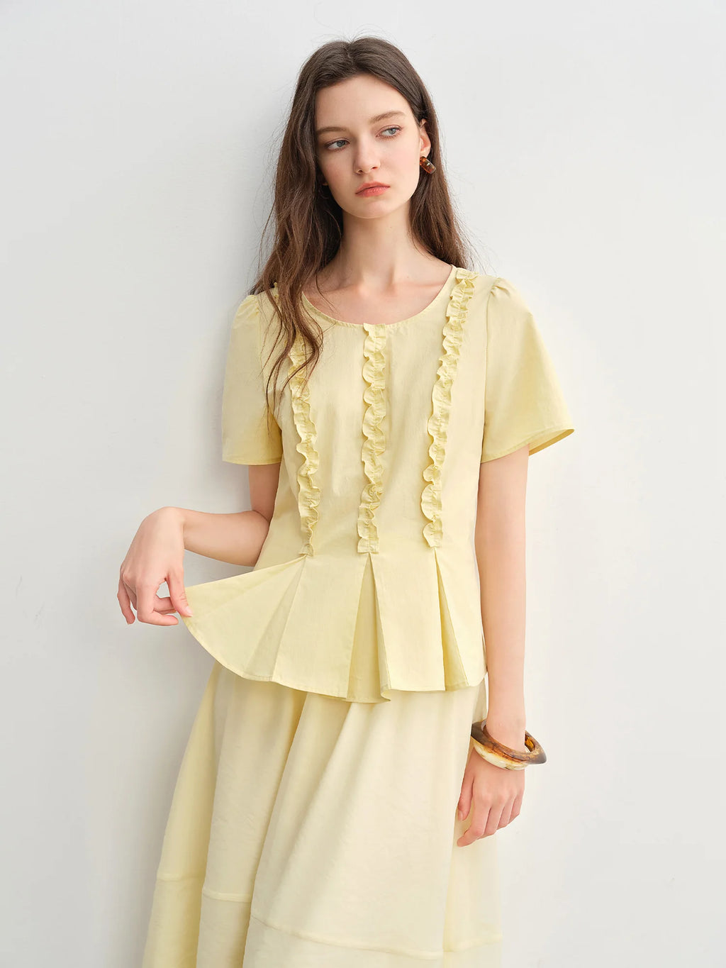 DUSHU Plus Size Women Sweet Youthful 2025 New Model Pleated Waist-Defining Slimming Round Neck Shirt Tops