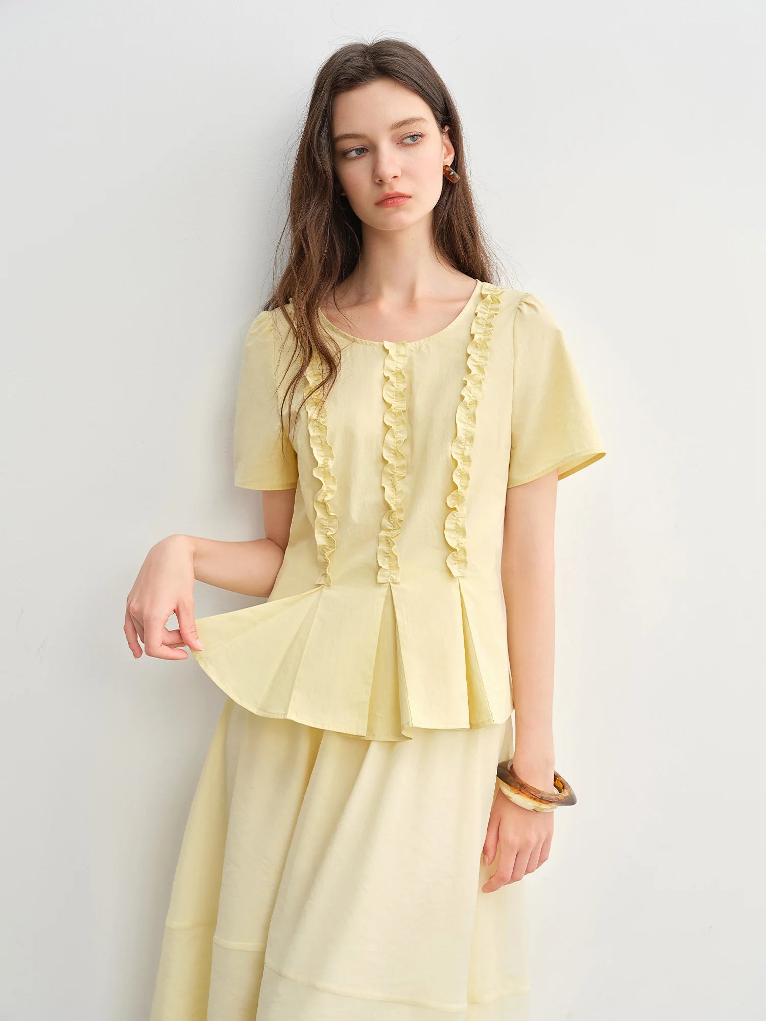 DUSHU Plus Size Women Sweet Youthful 2025 New Model Pleated Waist-Defining Slimming Round Neck Shirt Tops