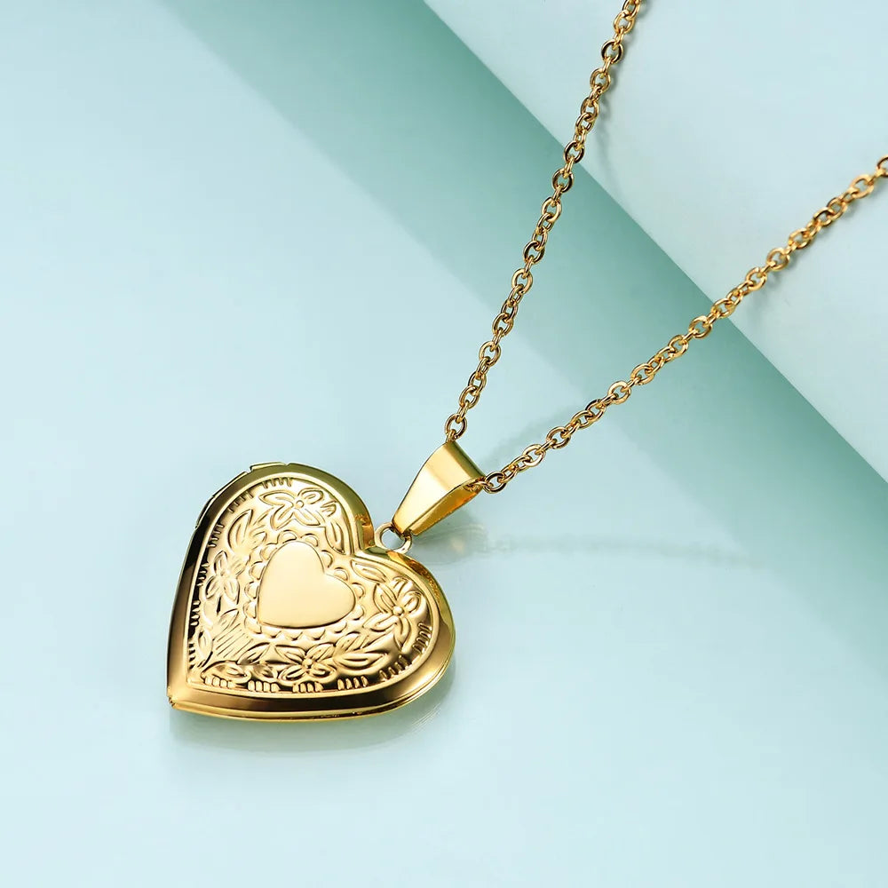 HNSP Vintage Stainless Steel Open locket Heart Pendant Chain Necklace For Women Girl Jewelry Neck Accessorie Gift