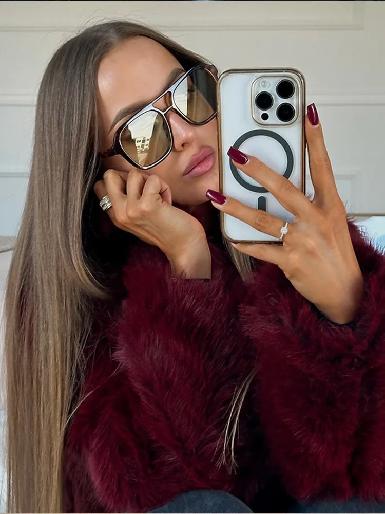 Retro Burgundy Flip Collar Long Sleeves Short Warm Coat Elegant Solid Color Loose Faux Fur Jacket New Woman High Street Coats