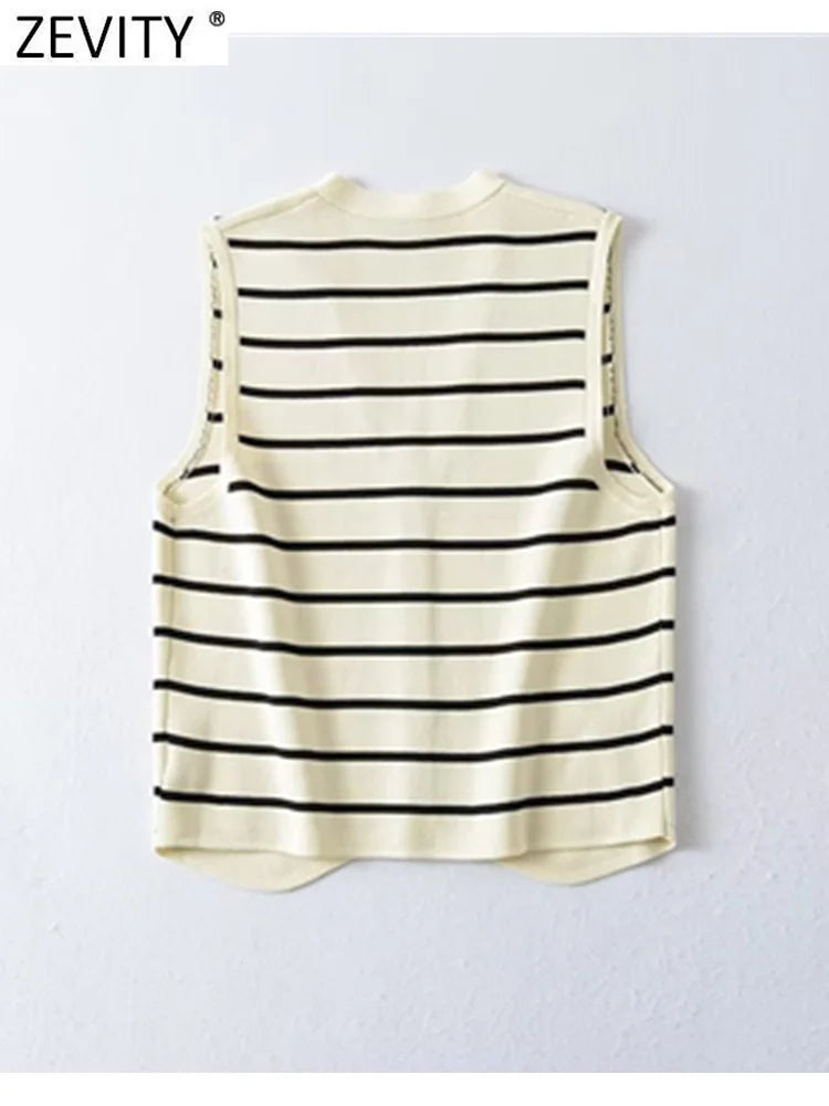 New Women Fashion V Neck Sleeveless Striped Pattern Knitted Vest Sweater Female Chic Single Breasted Cardigan Tops SW4789