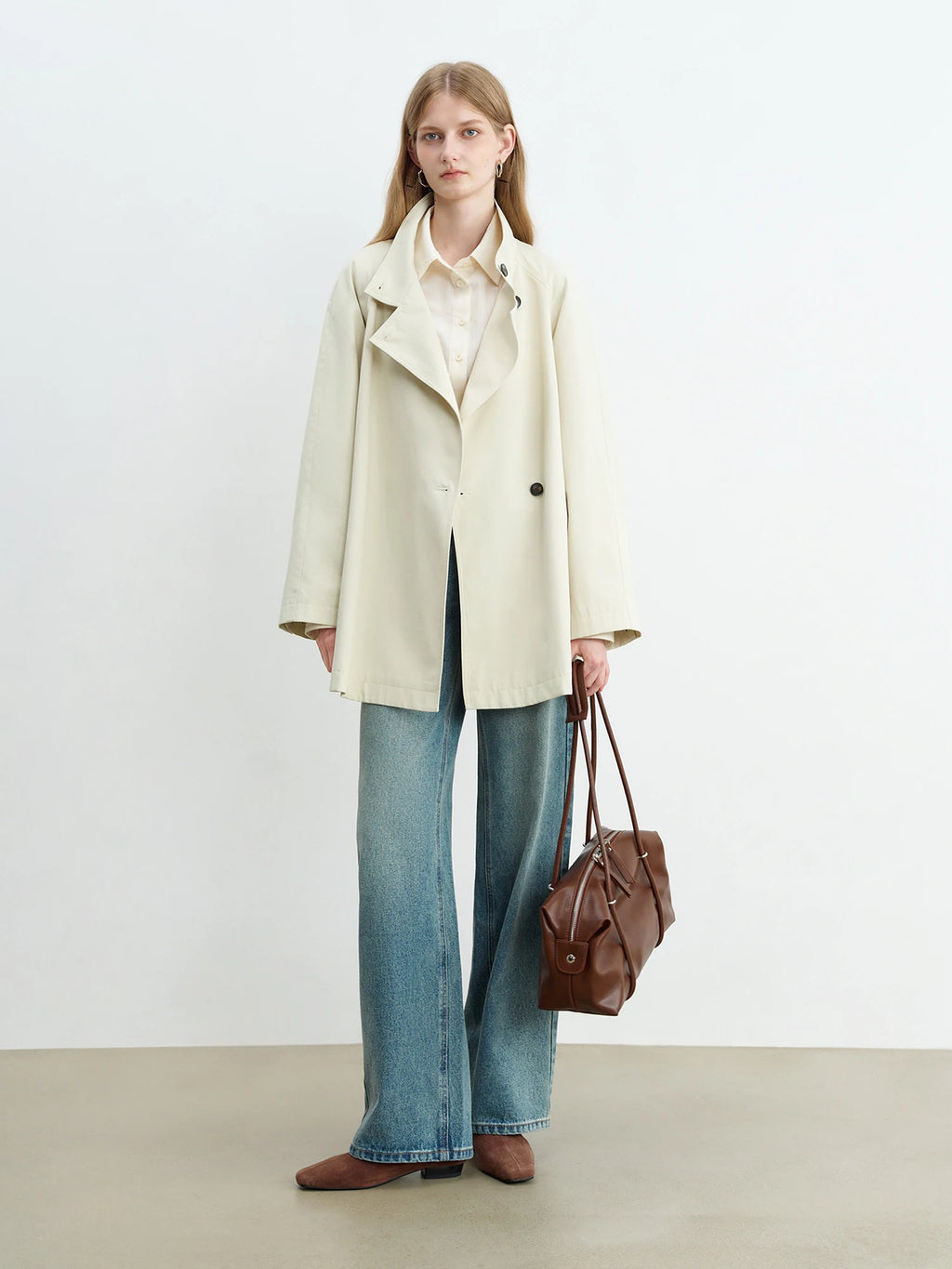 ZIQIAO Korean Style Stand Collar Short Trench Jacket for Women 2025 Autumn New Arrival Casual Chic Long Coat