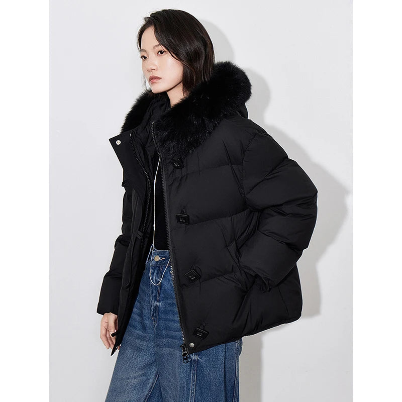 TOYOUTH Women Down Jacket 2024 Winter New 90% White Duck Down Fur Collar Hooded Warm Jacket Coat