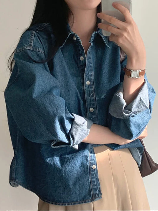 Women's Denim Shirt Korean Sle Early Spring Outfit Vintage Collar Loose Design Casual Shirt Long Sleeve Polo Collar Pure Color