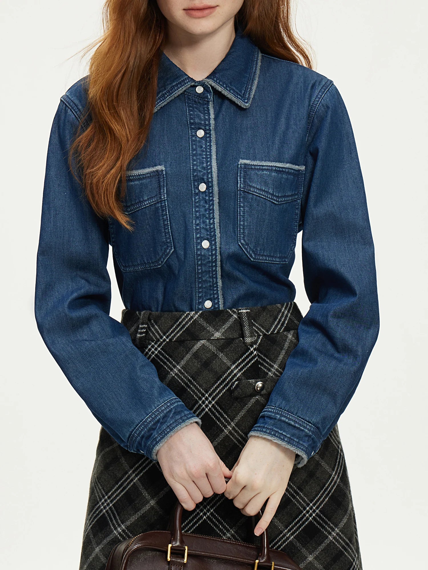 FSLE Cotton Padded Thickened Denim Blue Shirt For Female Fall Winter 2024 New Design Commuter Loose Blouse Cardigan 24FS14296