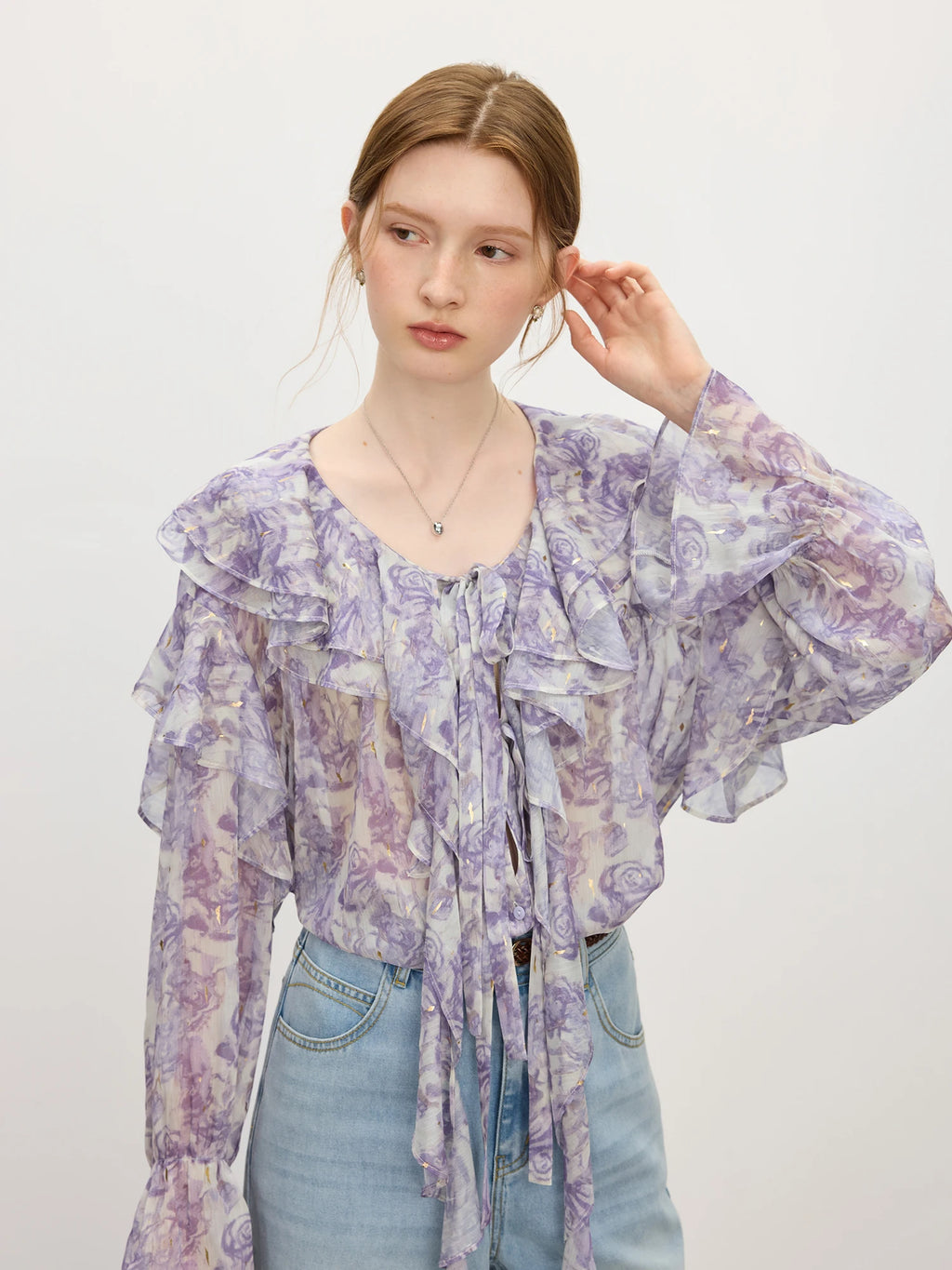 FSLE French Rose Ruffle Collar Shirt Women 2025 Summer New Commuter Long-sleeved Top
