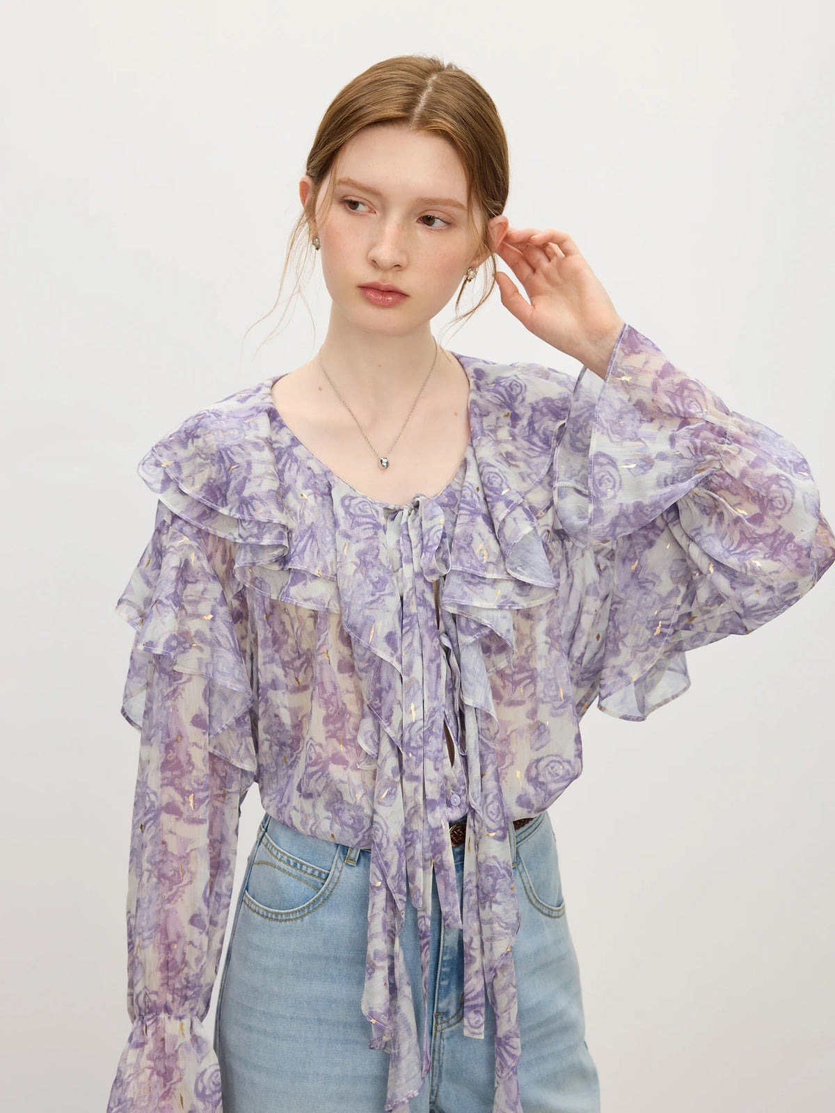 FSLE French Rose Ruffle Collar Shirt Women 2025 Summer New Commuter Long-sleeved Top