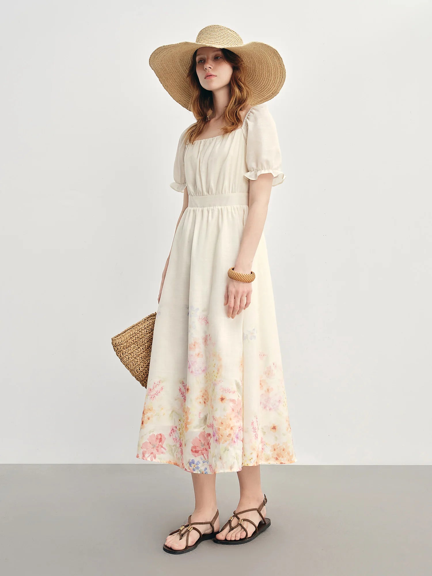 DUSHU 2025 Summer Textured Floral Dress - Regal Bubble Sleeve Fluid Silhouette Resort to Office
