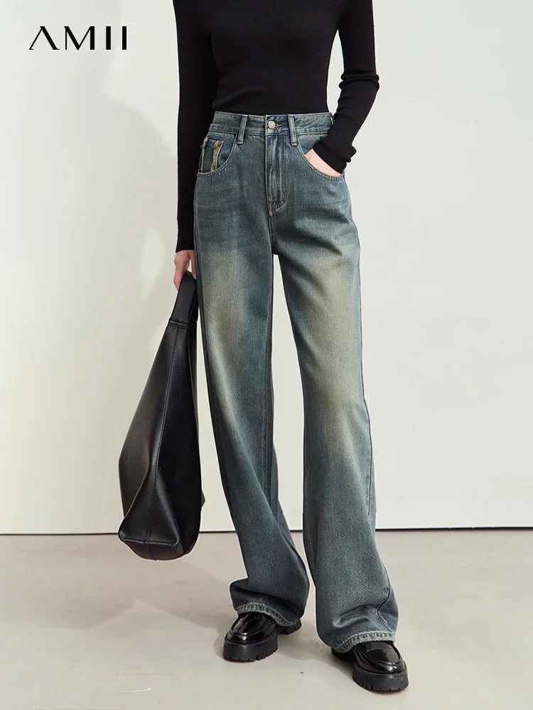 Amii Minimalism Women Jeans 2024 Autumn New Retro Raw Edge Collage Wide Leg Trousers Trendy Basic Long Pants for Women 12443189