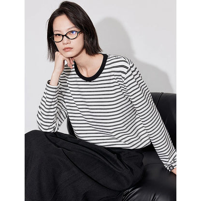 TOYOUTH Women Undercover 2024 Autumn Winter New Vintage Striped Round Neck Long Sleeve Warm T-shirt