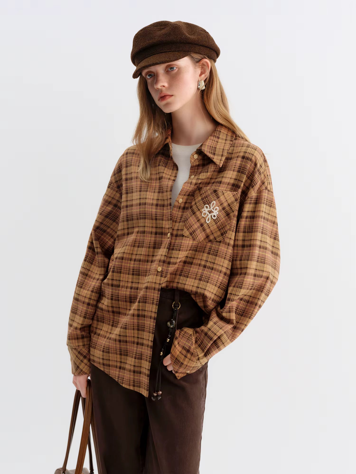 Brushed Plaid Shirt Women's Winter 2025 New Long Sleeve Plaid Retro Embroidery Shirt Classic Leisure Loose Tops