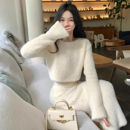 Korejpaa Imitation Mink Fur Knitted Sweater Skirt Sets Temperament Round Neck Short Pullover Crop Top High Waist Bodycon Skirts