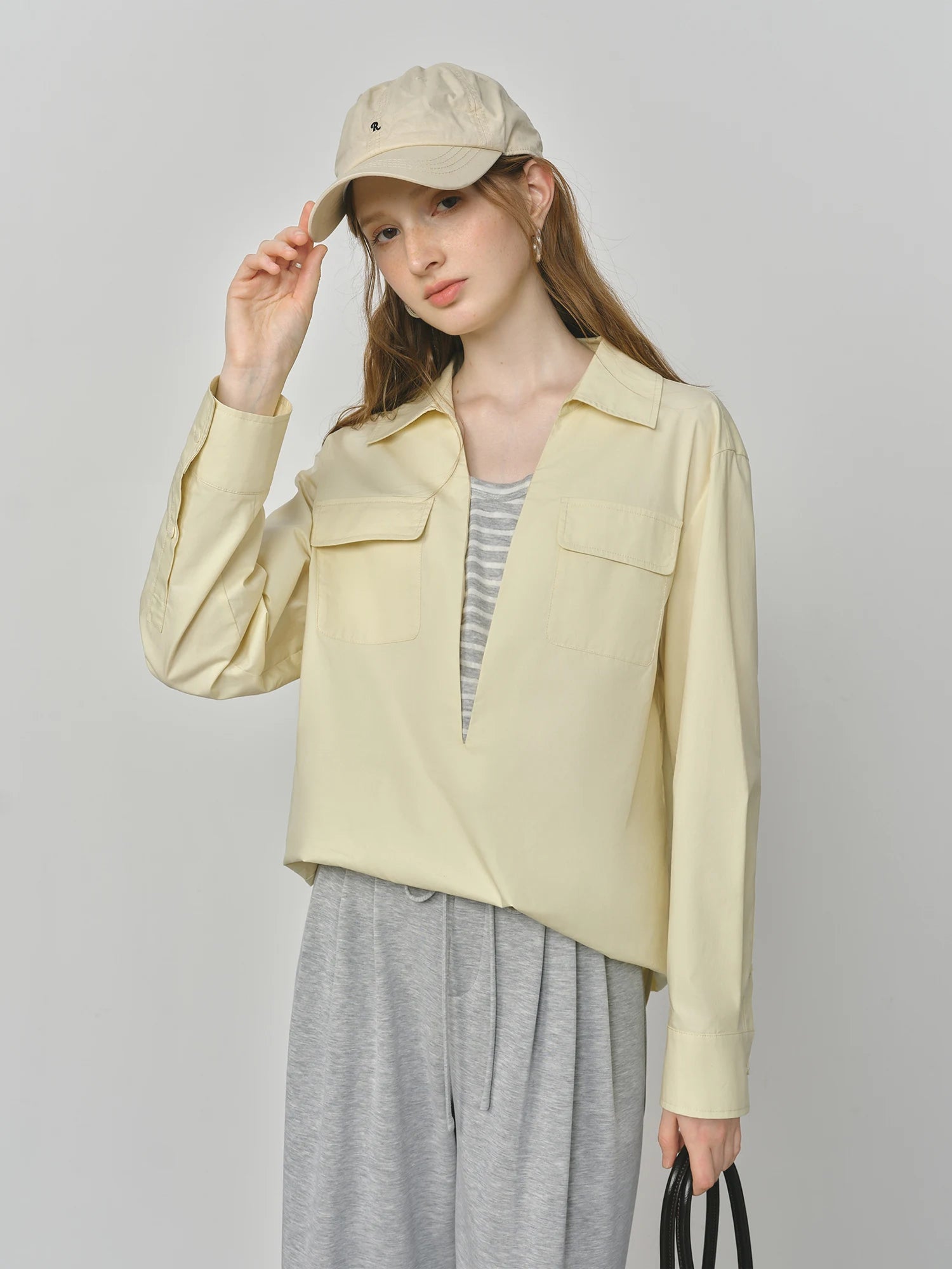 FSLE 2025 Women's Color Block False Two-Piece Shirt - Pullover Office Casual Blouse Autumn Loose Fit Top with Layered Design