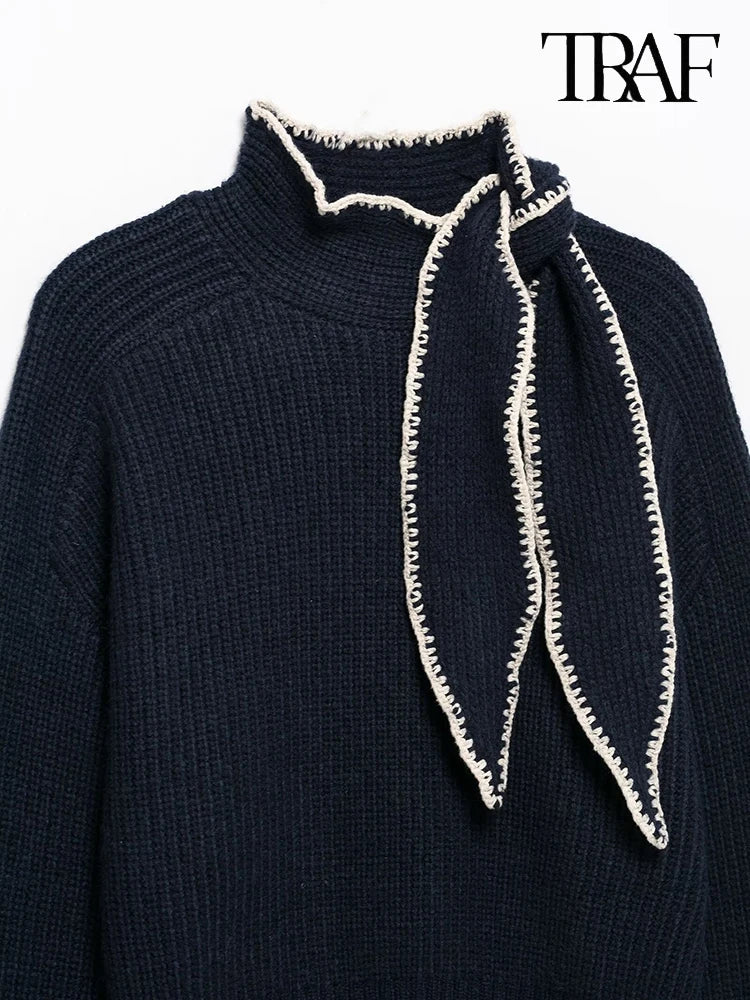 TRAF Women's Fashion Simple Solid Color Bow Embellished Knit Sweater 2024 Autumn and Winter New Vintage High Street Sweater