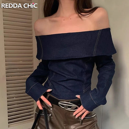 REDDACHiC Denim Off Shoulder Blouse Top Women Office Work Casual Plain Blue Long Sleeves T-shirt Western Vintage Female Clothes