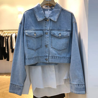 Retro Chic Short Sleeveless Denim Jacket Metal Single Button Loose Fit Long Sleeve Short Sle Women's Fashion Autumn Outerwear