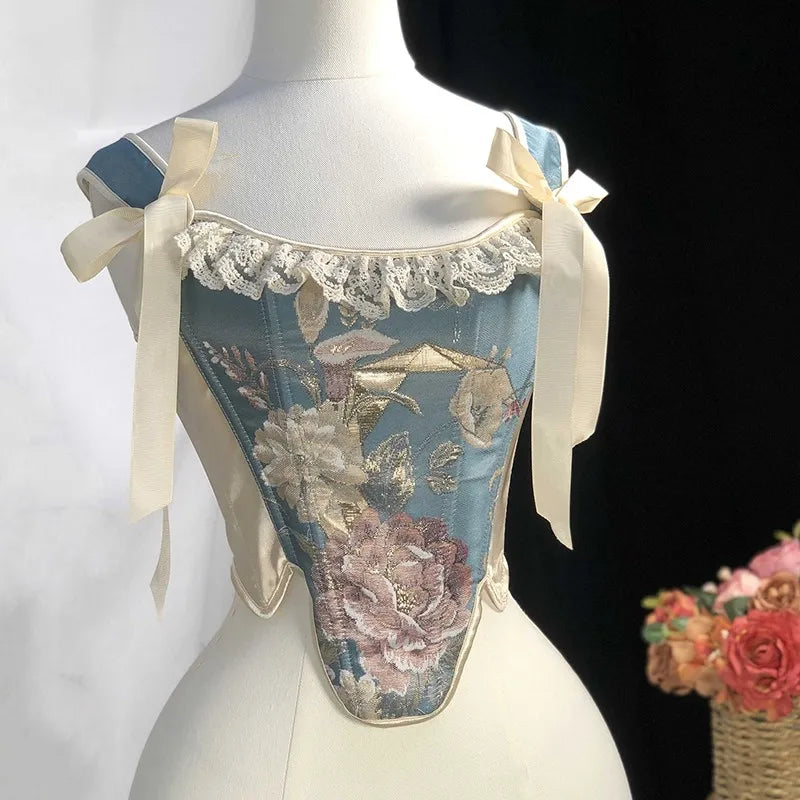 Vintage Oil Painting Print Corset Sexy Bustier Women Waist Trainer Low Cut Tie Up Ruffle Camisole Tanks Crop Top Bandage Girdle