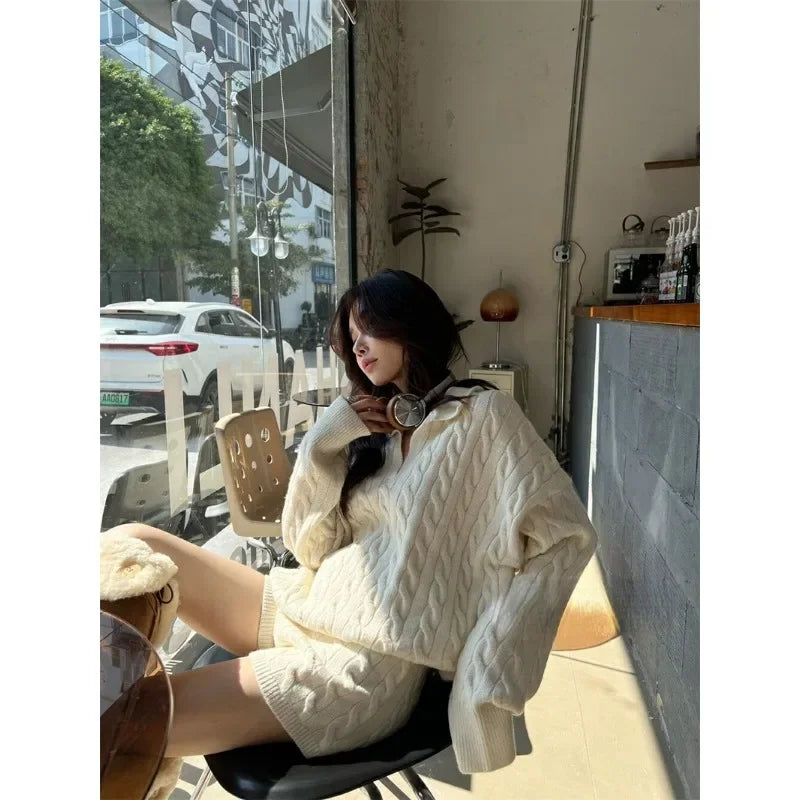 Deeptown White Basic Women Kint Sweater Long Sleeve Oversized Pullovers Korean Fashion Autumn Jerseys Old Money Casual Jumper