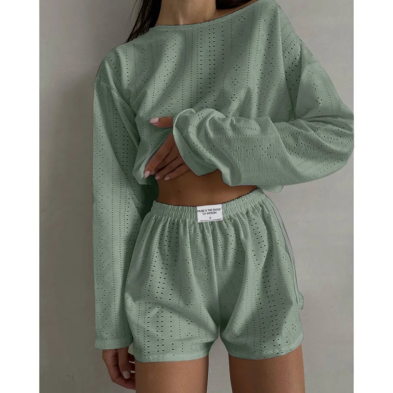 Women's Pajamas Set Spring Long Sleeve Tops With Shorts Sleepwear 2 Piece Set Loose Round Neck Home Wear Loungewear Pyjama Femme