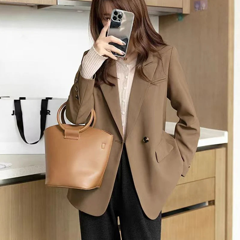 2024 Temperament Double-Breasted Blazer Women Spring Autumn Long Sleeve Chic Blazers Woman Buttons Office Suit Jacket Ladies