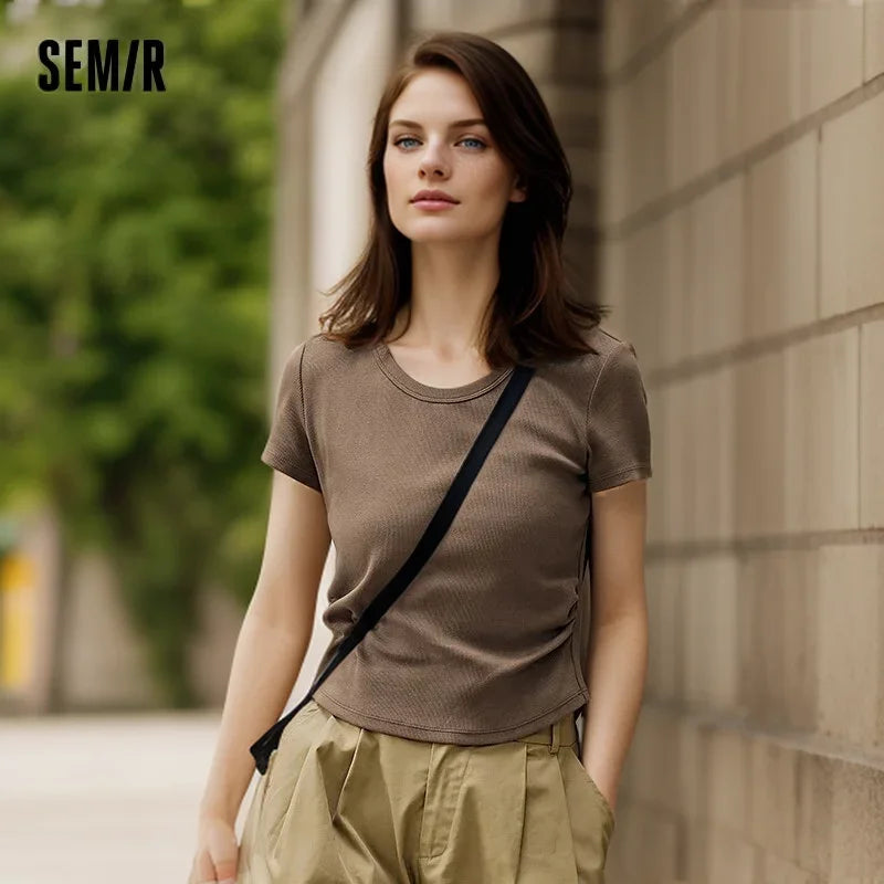 Semir Short Sleeve T-Shirt Women Short Careful Machine Solid Colour Tight 2024 New Summer Large Round Neck Positive Shoulder Pul