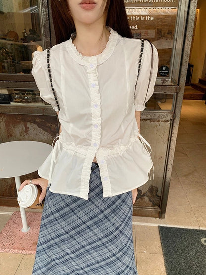 Deeptown Fairycore White Blouse Women Short Sleeve Slimming Waist Shirts Feminina Ladies Cropped Tops Korean Fashion Chic New