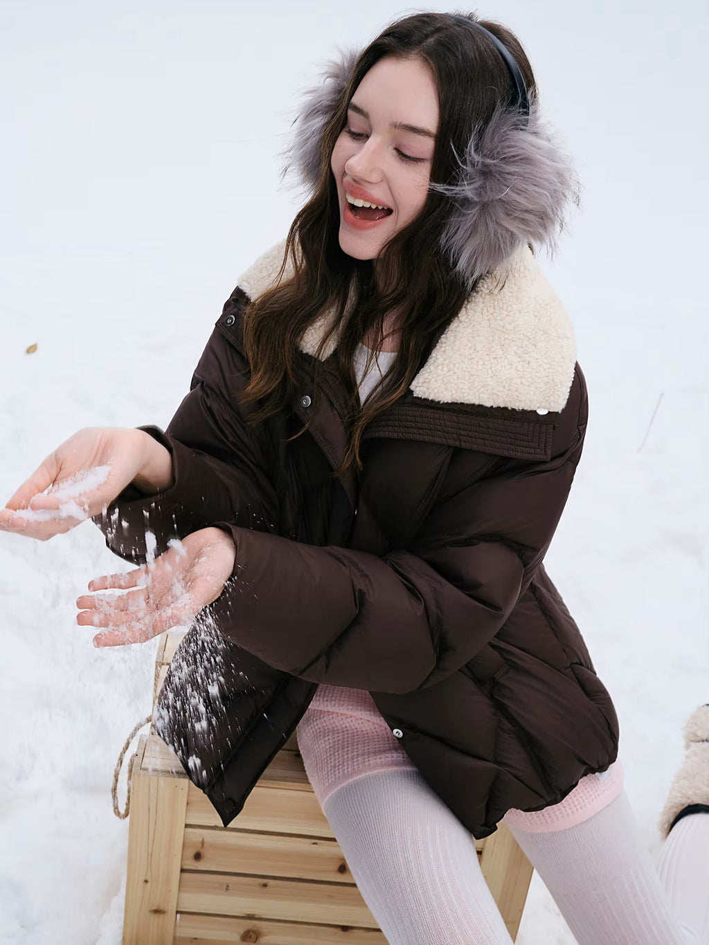 Furry Lapel Quilted White Duck Down Coats Women Casual Daily Retro Simple Loose Short Warm Coat Contrast Color Girlish BF