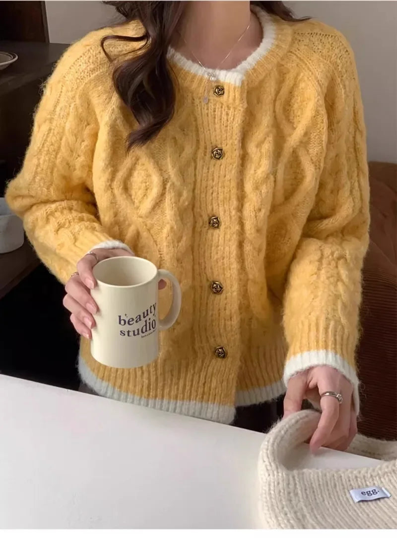 Thicken Winter Clothes Twists Knitting Cardigan Lovely Pink Short Jacket Loose Korean Sweet Women Sweater Coat Y2K College Tops