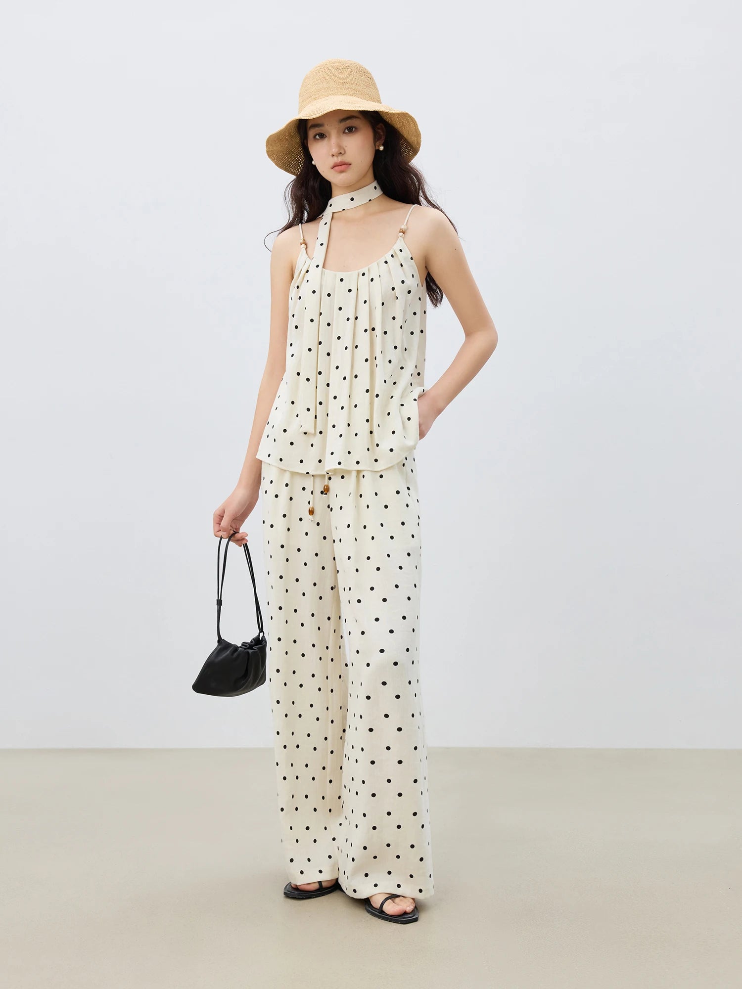 ZIQIAO Women 2025 Summer Vest+Pant Sets Holiday Style Polka Dot Camisole Tops Elastic Waist Casual Long Trousers