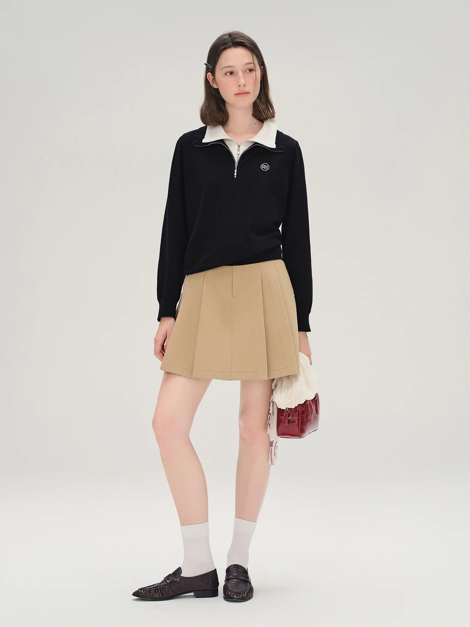 Plus Size [Half Sugar American Style] Women's Fake Two-Piece Color Clash Turned-Up Collar Knit Autumn 2025 Casual Top