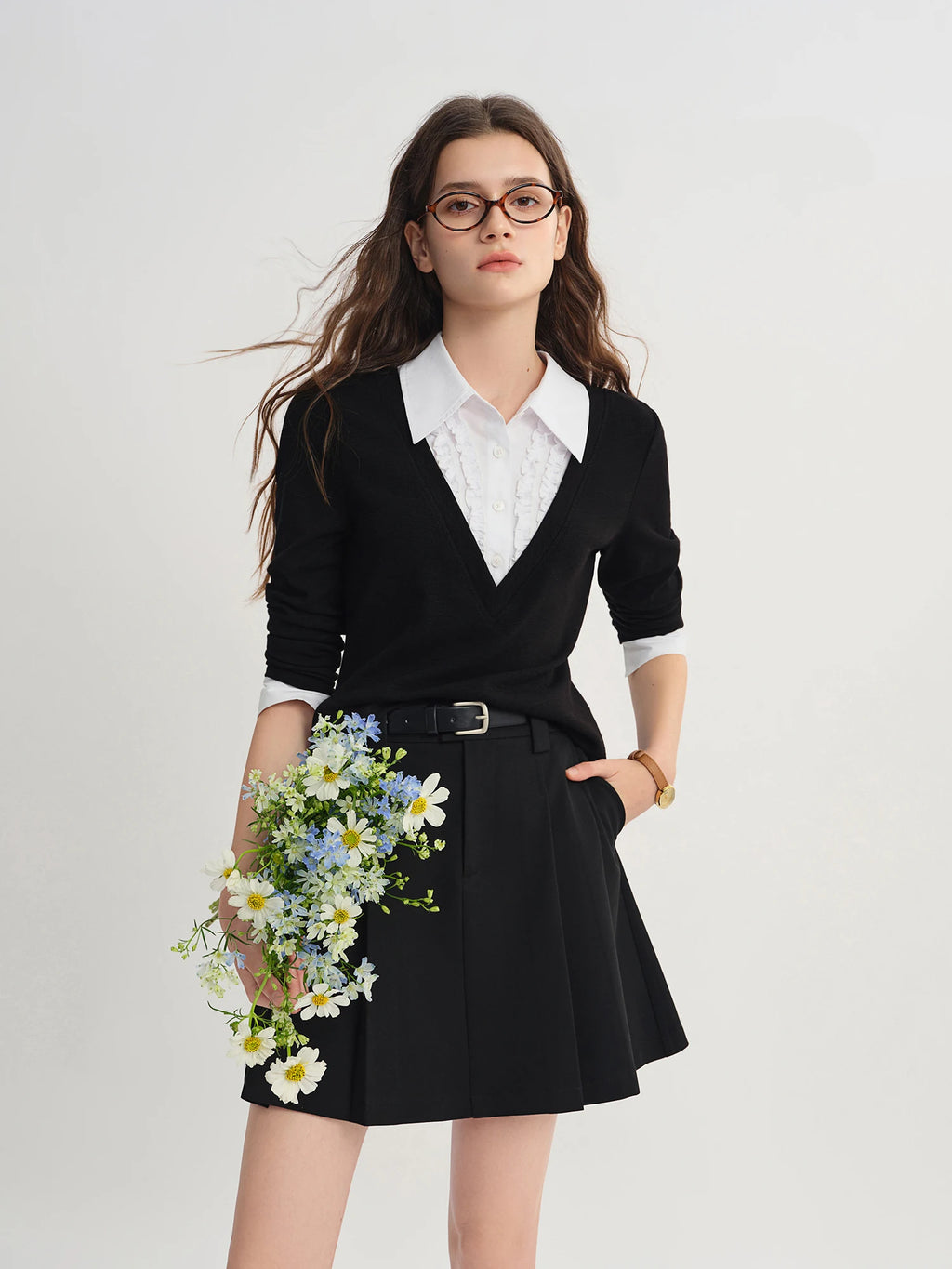 Plus Size Women's Fake Two-piece Long-sleeved Patchwork Shirt 2025 Autumn New Arrival Knitted Pullover Fashion Commute Top